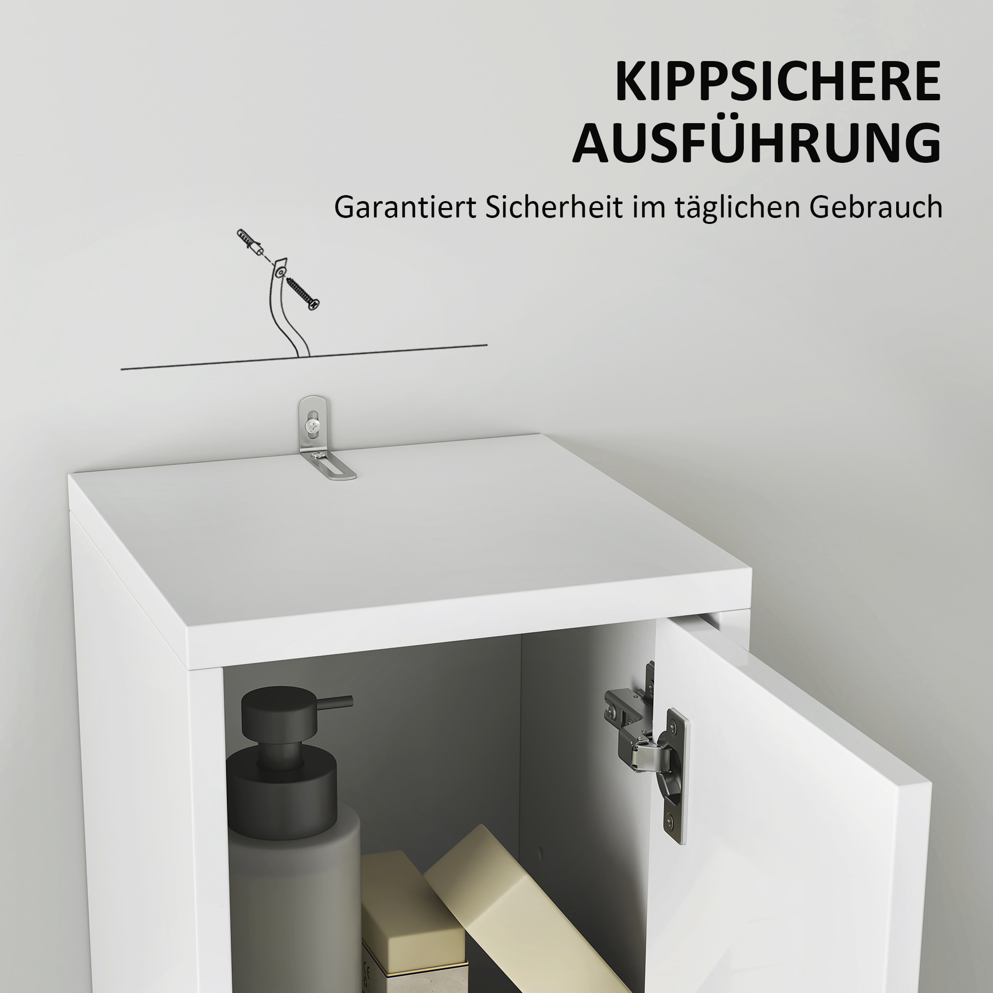 Badezimmerschrank, hoch und schlank, offene und geschlossene Bereiche, Weiß