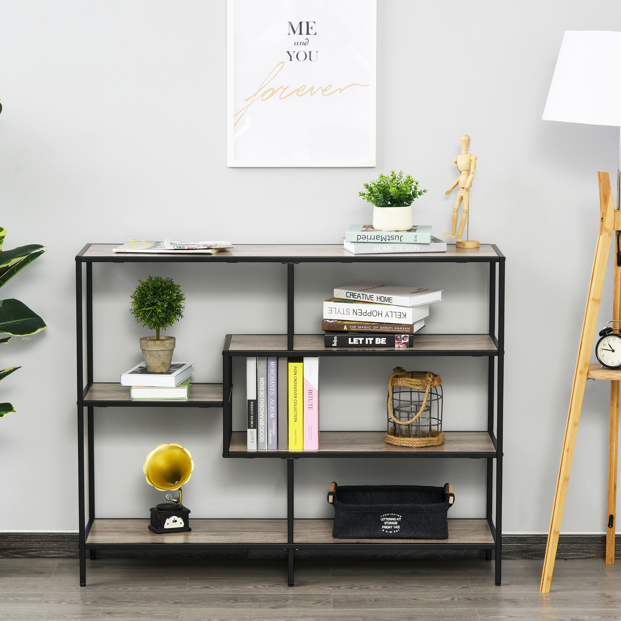 Standregal, Bücherregal Lagerregal Industrieller Stil, Aktenregal, Küchenregal, P2 Spanplatte, Metall, Schwarz+helle Eiche, 120 x 32 x 95 cm