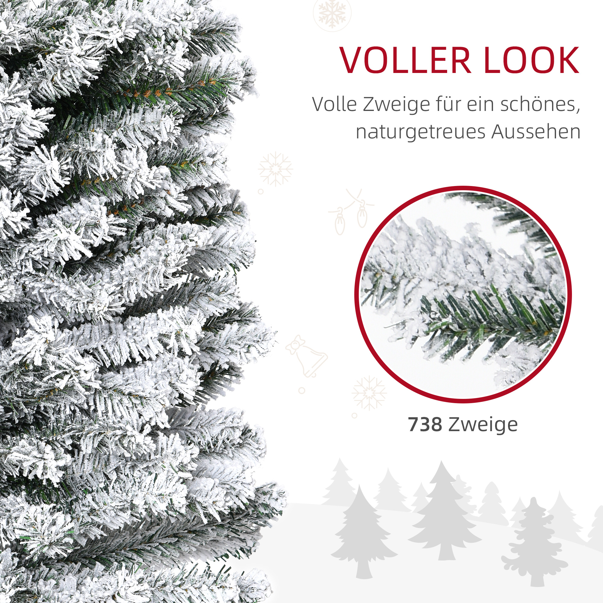 Künstlicher Weihnachtsbaum 225 cm Bleistift Kiefernbaum mit Schnee, 738 Spitzen für drinnen