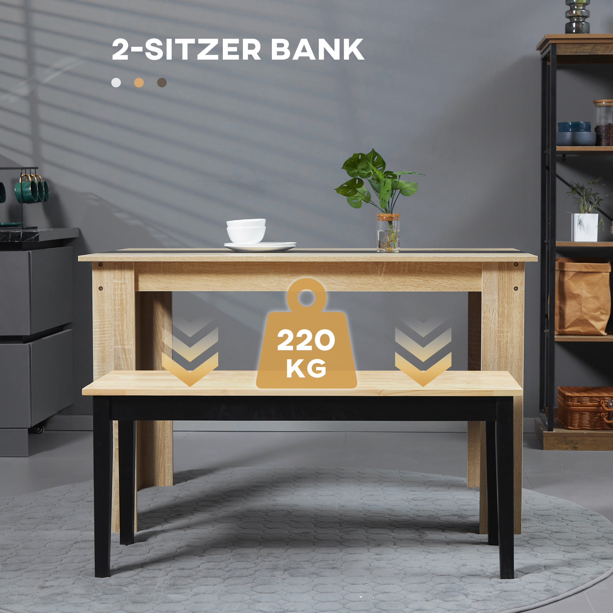 moderne Sitzbank für 2 Personen, Holzbank, Massivholz, lackiert, Natur+ Schwarz