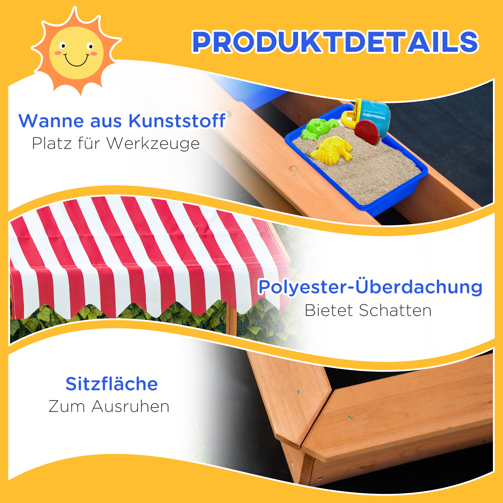 Sandkasten Sandkiste Holz Bodenloses Design Matsch-Bereich für Kinder 3-7 Jahre Sandkasten mit Abdeckung Dach für Garten Terrasse Strand Outdoor Gelb 107,5 x 107,5 x 110 cm