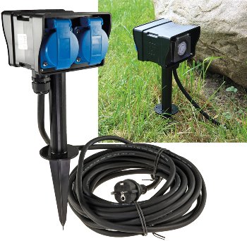 Gartensteckdose mit Erdspieß, 2-fach - IP44, 10m Kabel, Zeitschaltuhr