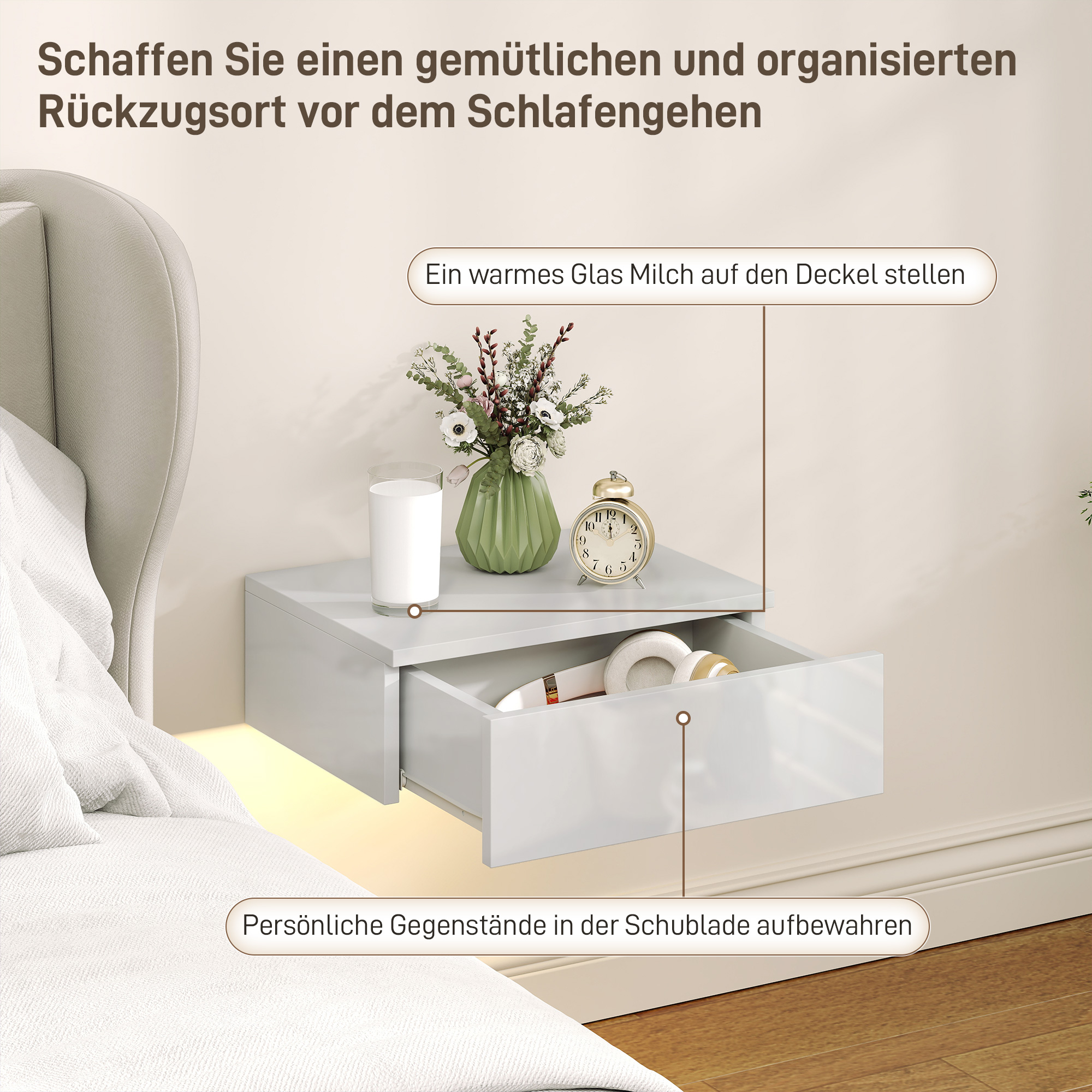 2er-Set Nachttische, wandmontiertes Design, Schublade, für Schlafzimmer, Spanplatte, Weiß