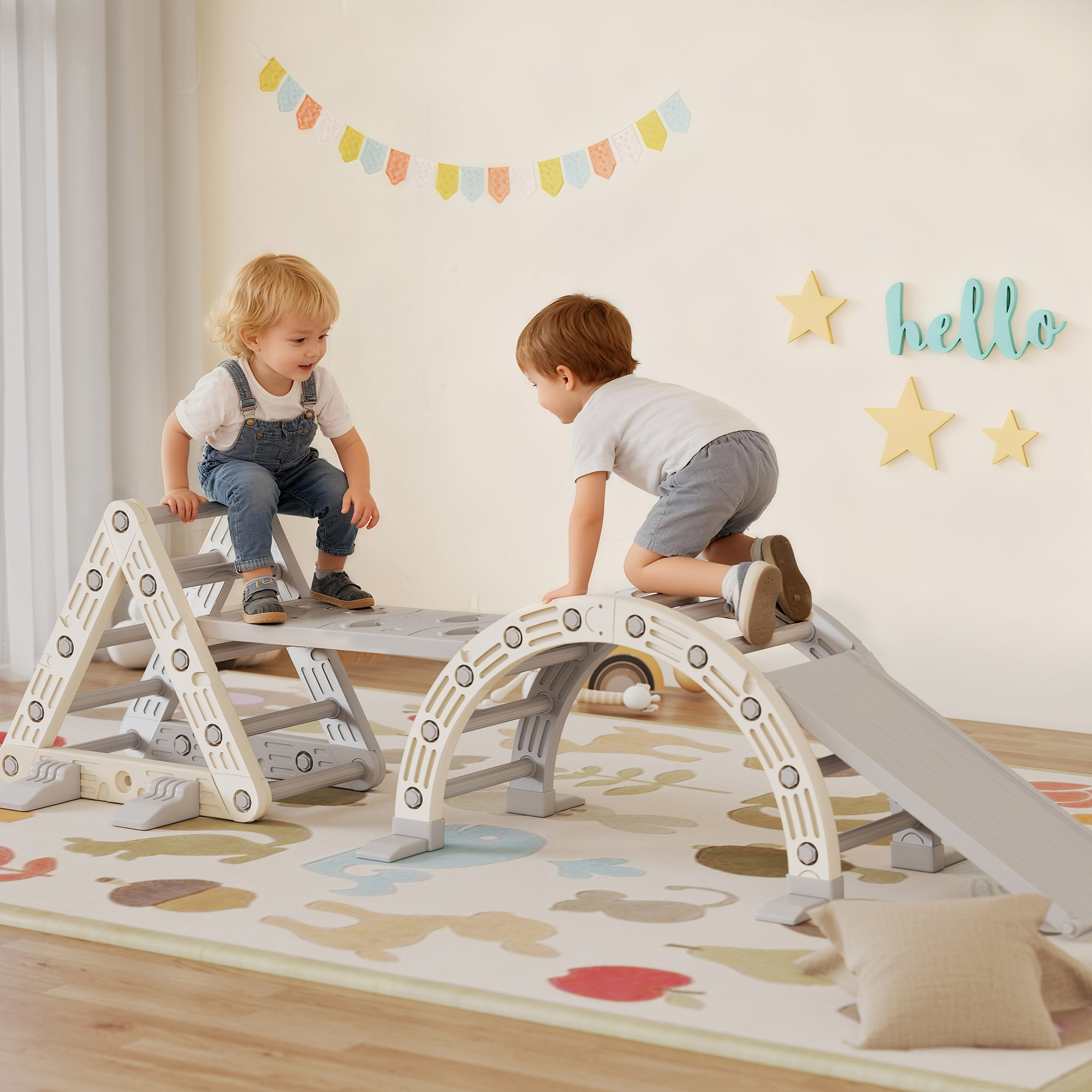 Klettergerüst Indoor, 5 in 1 Kletterdreieck mit Rutsche, Kletterbogen, inkl. doppelseitige Rampe, Spielplatz Indoor für Kinder 18-48 Monate, Grau+Weiß