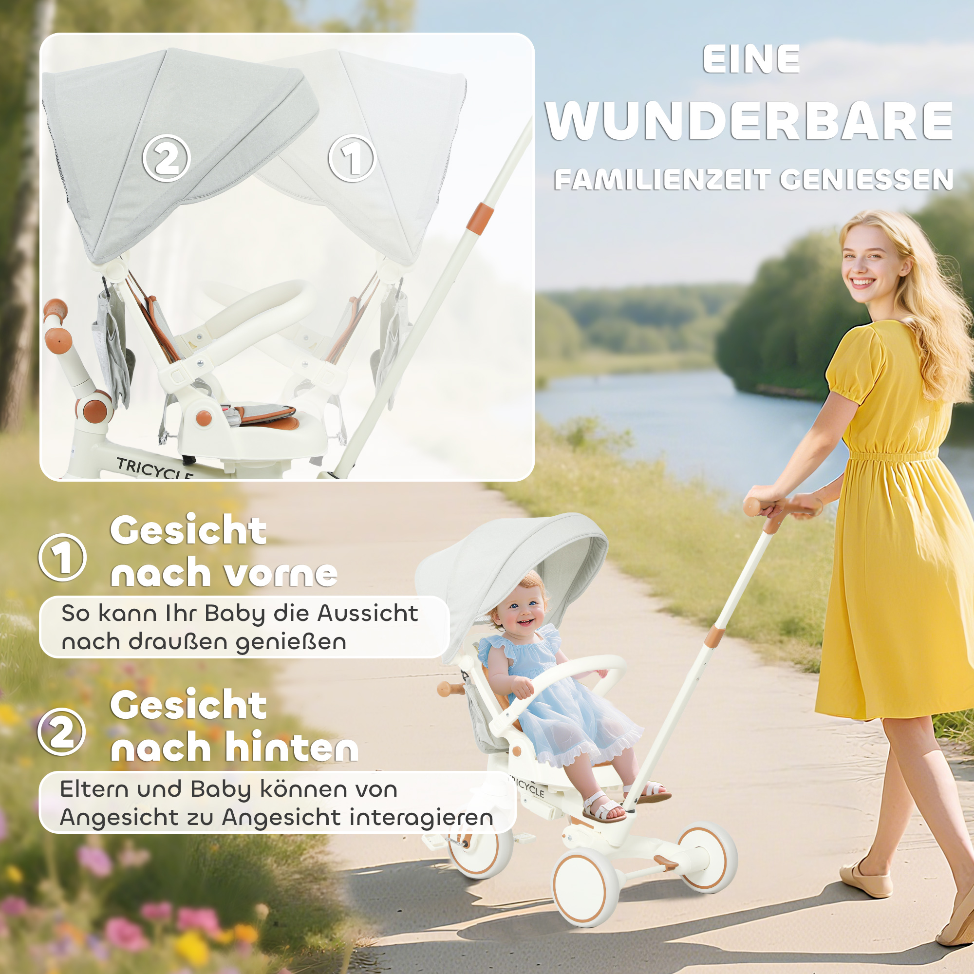 Kinder-Dreirad, wandelbarer Baby-Buggy, 5-in-1 Design, abnehmbarer Schiebegriff, verstellbar, Sicherheitsgurt, Aufbewahrungstasche, 1-3 Jahre, Cremeweiß