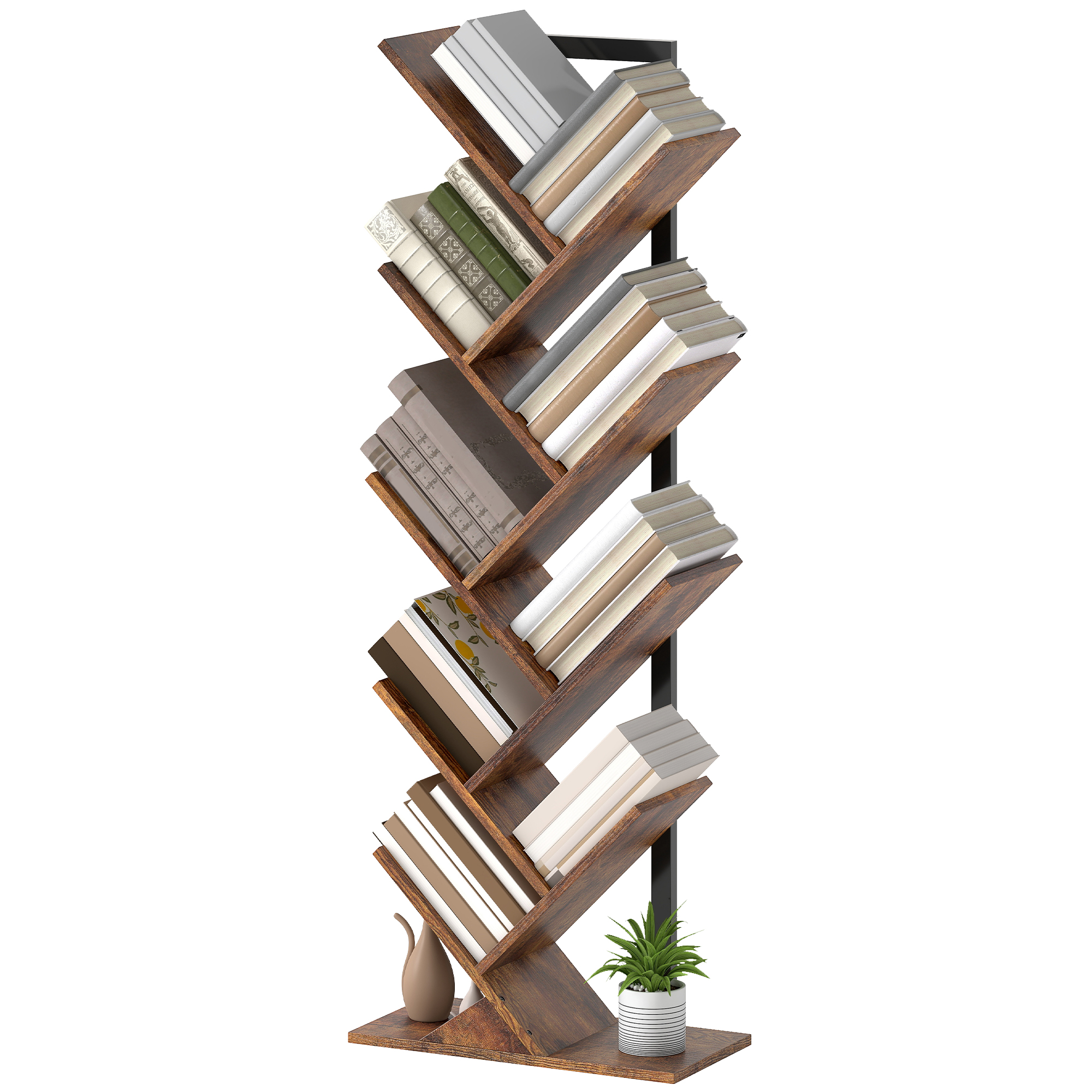 Bücherregal Standregal mit 9 Ebenen Schmal Regal im Baumform für Büro, Rustikal Braun Bücherregal Standregal mit 9 Ebenen Schmal Regal im Baumform für Büro, Rustikal Braun