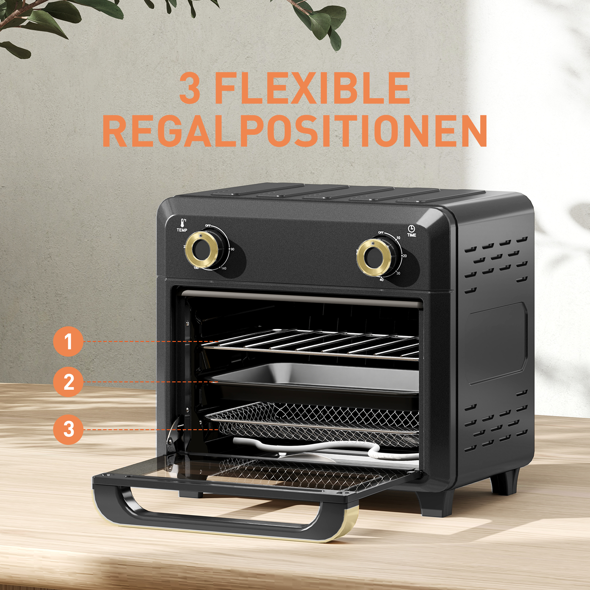 Minibackofen mit Umluft, Heißluftfritteuse, Timer, Innenbeleuchtung, 10L, Schwarz