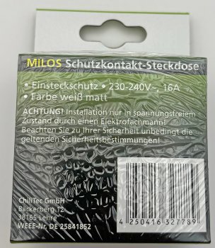 MILOS Schutzkontakt-Steckdose, weiß matt - 250V~/ 16A, inkl. Rahmen, Klemmanschluss