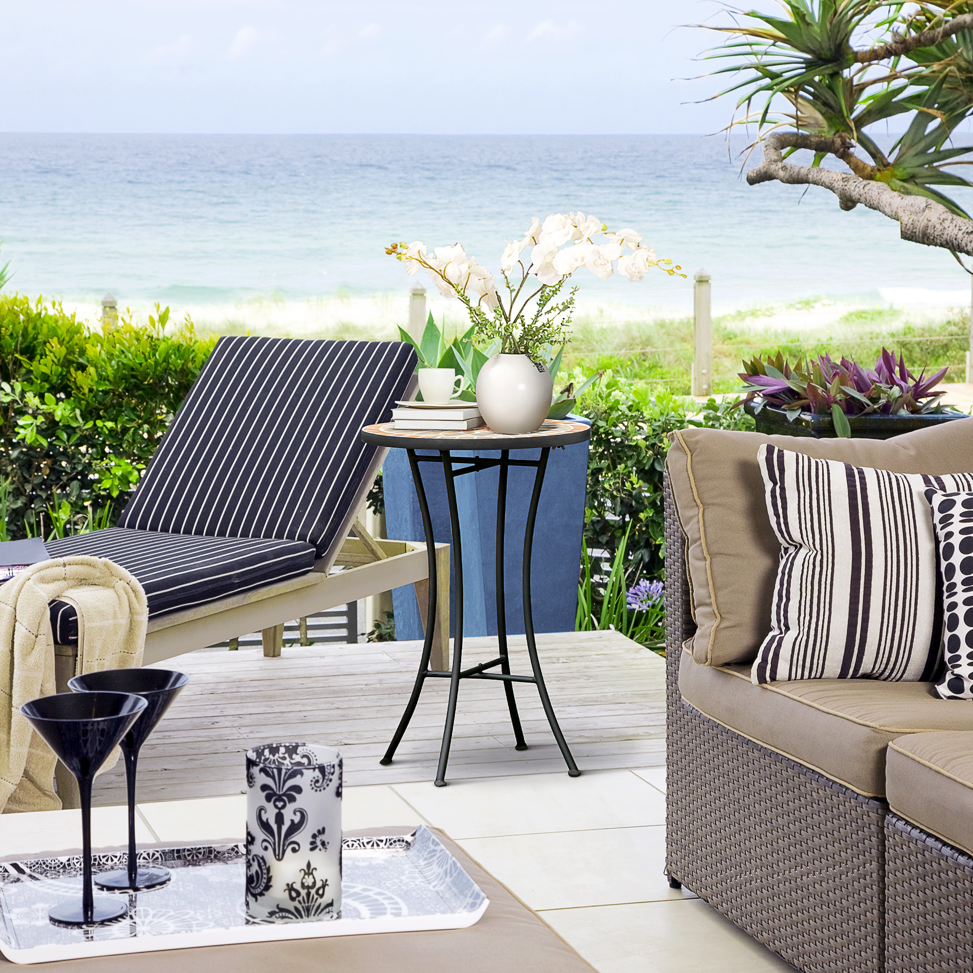 Beistelltisch Gartentisch Ø35,5cm Rund wetterfest im Mesh-Stil Balkontisch mit Mosaik-Muster Metall Campingtisch Kaffeetisch für Wohnzimmer Büro Outdoor Indoor Gelb+Grau