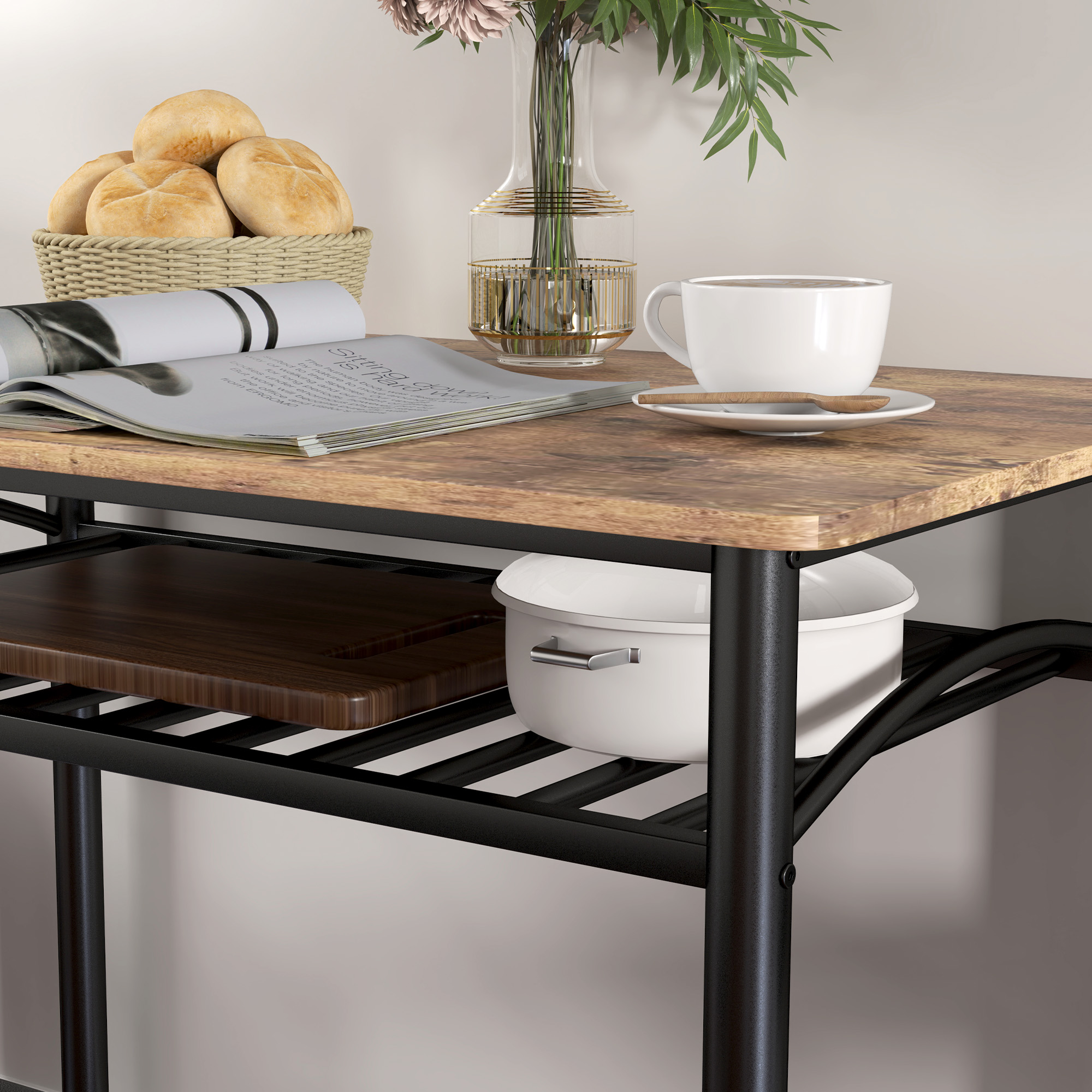 4-teiliges Esszimmer-Set, Platzsparendes Set aus Tisch, 2 Stühlen und Bank, für kleine Räume, Metall, Holz, Braun