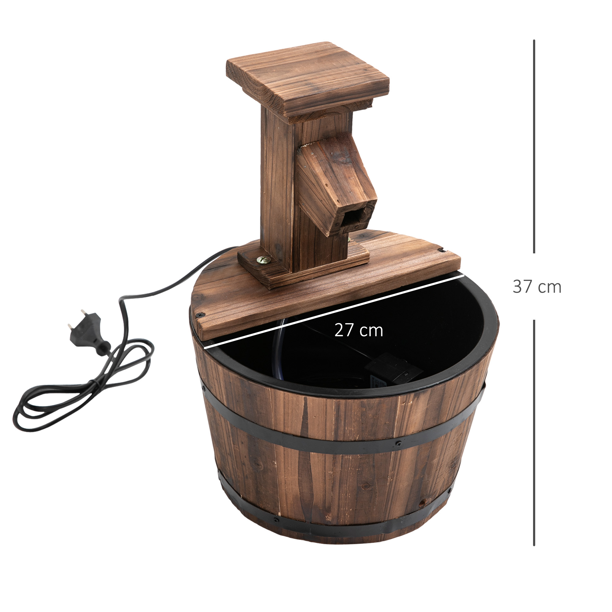 Gartenbrunnen Zierbrunnen Springbrunnen Fassbrunnen Wasserfall Holzeimer Tannenholz + Metall Dunkelbraun Ø27 x 37 cm