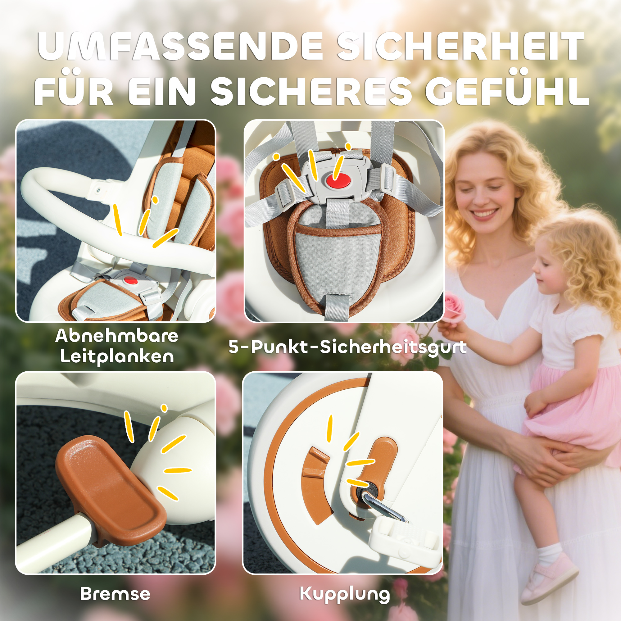 Kinder-Dreirad, wandelbarer Baby-Buggy, 5-in-1 Design, abnehmbarer Schiebegriff, verstellbar, Sicherheitsgurt, Aufbewahrungstasche, 1-3 Jahre, Cremeweiß