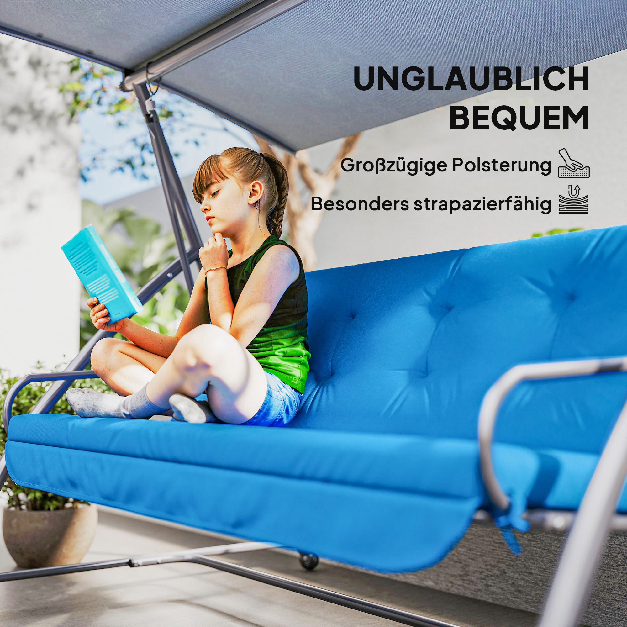 Auflagen-Set für Hollywoodschaukel 170 cm Stuhlkissen Schaukelauflage Sitzkissen Gartenschaukel Gartenpolster Rückenkissen Seitenkissen Blau