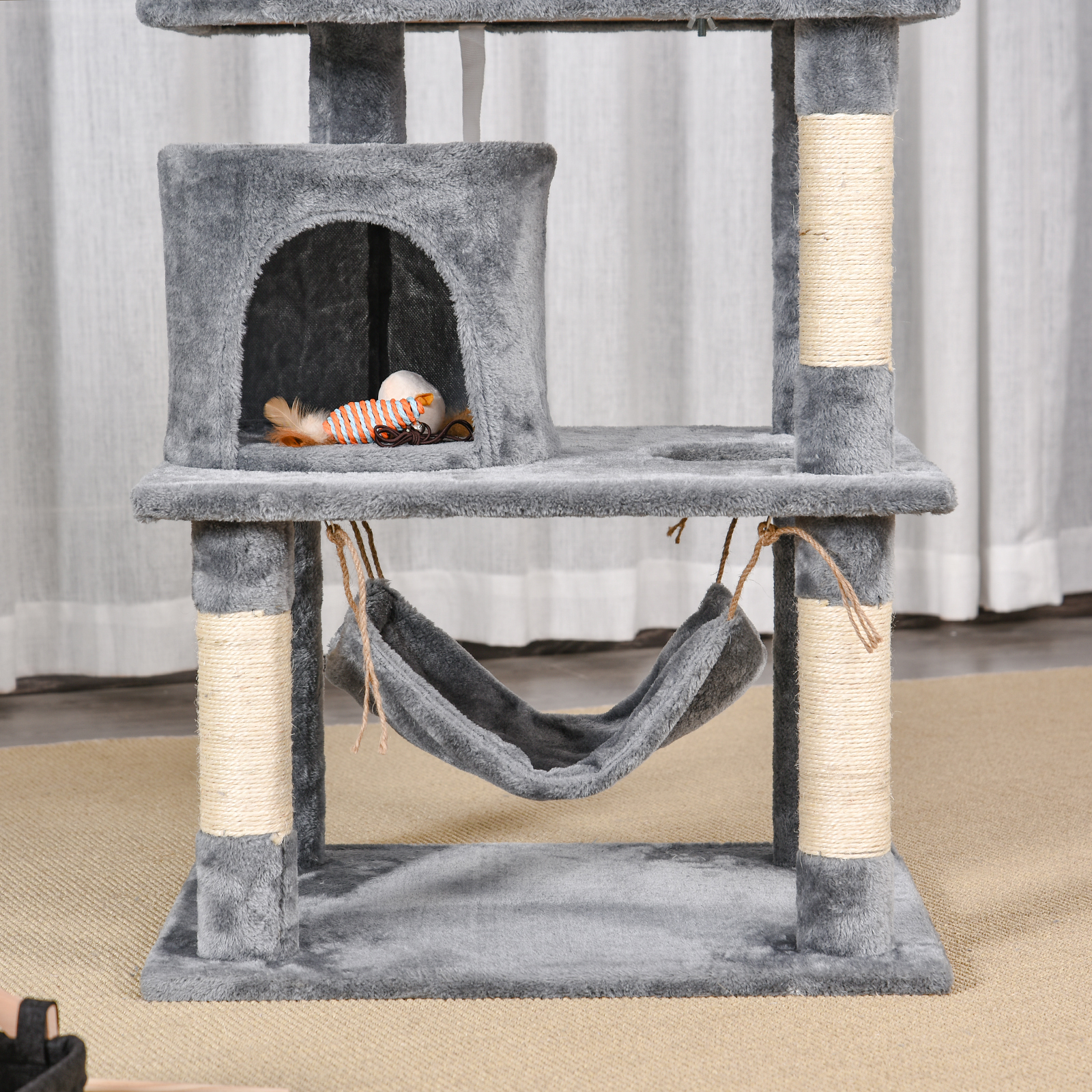 Katzen Kratzbaum groß 145 cm, Katzenbaum mit Hängematte, Kletterbaum für Katzen, Katzenkratzbaum Höhle Katzenmöbel mit Sisalstämmen, Hellgrau