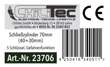 Schließzylinder 70mm (40+30mm) - 5 Schlüssel, Not- & Gefahrenfunktion