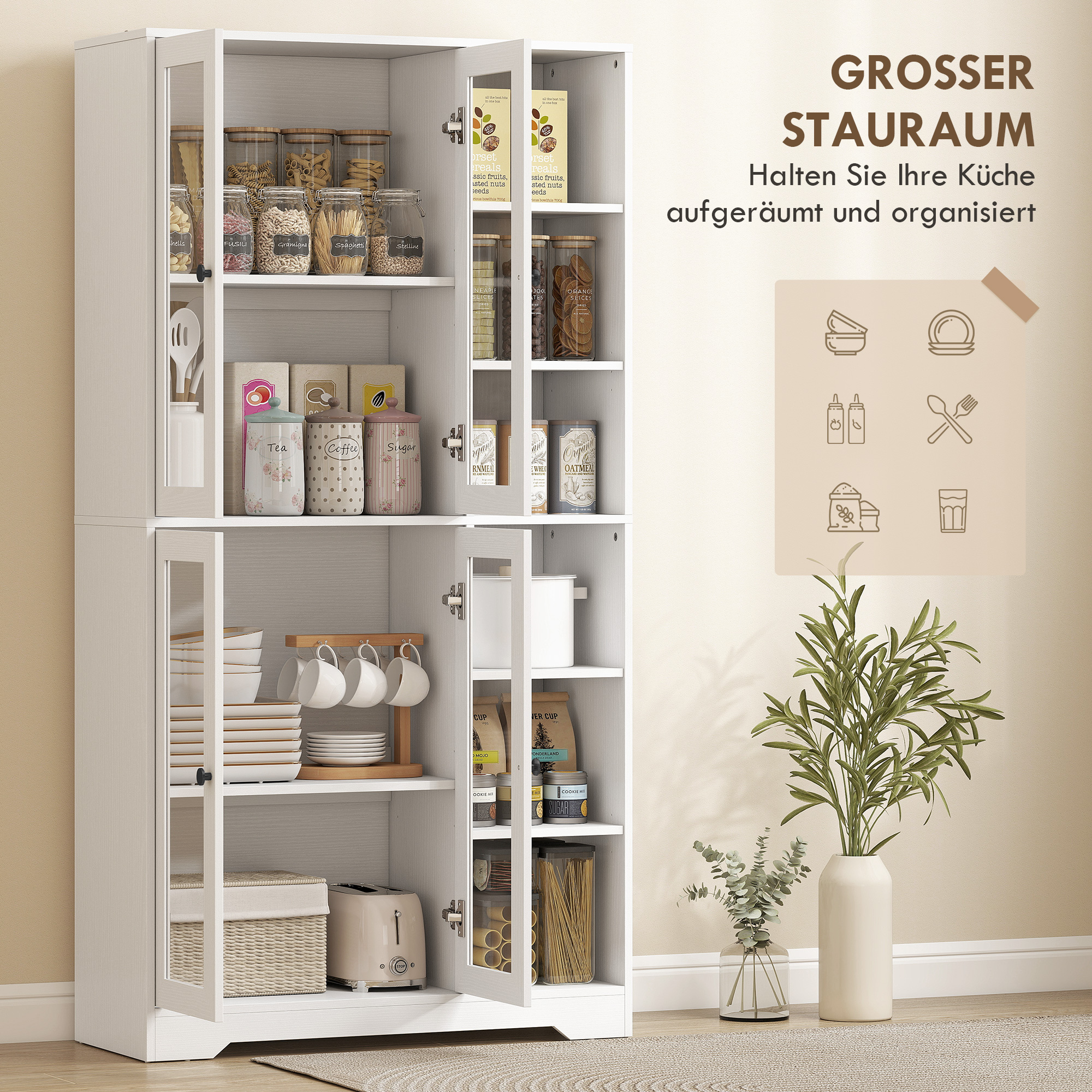 Küchenschrank mit Glastüren, Regale, offene Ablagen, 172 cm groß, MDF, Weiß