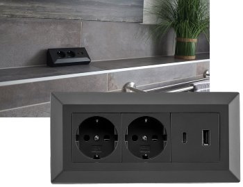 2-fach Steckdosenblock, USB-A+C, schwarz - 250V~/ 16A, Aufbaumontage, USB 3,1A, PD