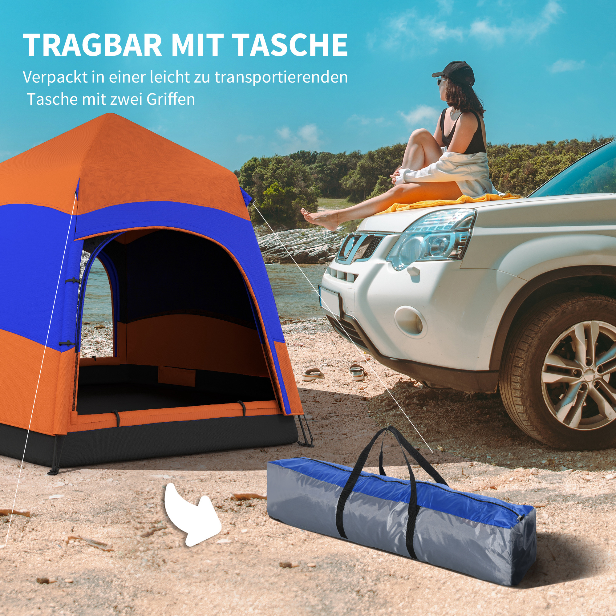 Doppellagiges Instant-Pop-Up-Zelt mit Regenschutz, Outdoor Familienzelt für 4 Personen wasserdicht sechseckig 4 Jahreszeiten Kuppelzelt mit Bodenplane 2 Türen Moskitonetz Tragetasche Orange