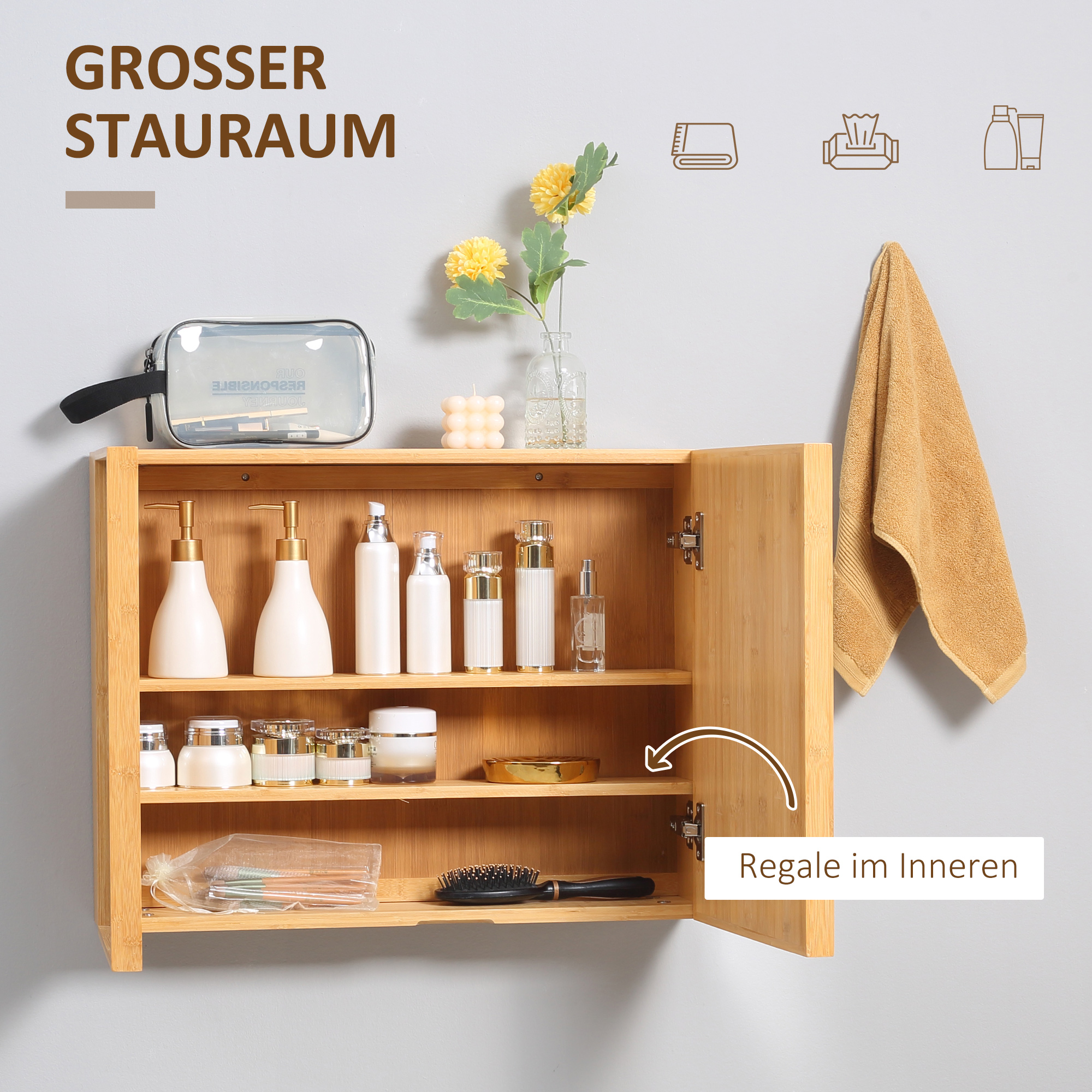 Badschrank mit Spiegeltüren, mehrere Innenfächer, robustes Gehäuse aus Bambusholz, 65,2 x 14 x 50 cm