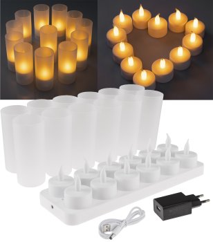 LED Teelichter, 12er Set, mit Windschutz - wiederaufladbar auf Ladestation
