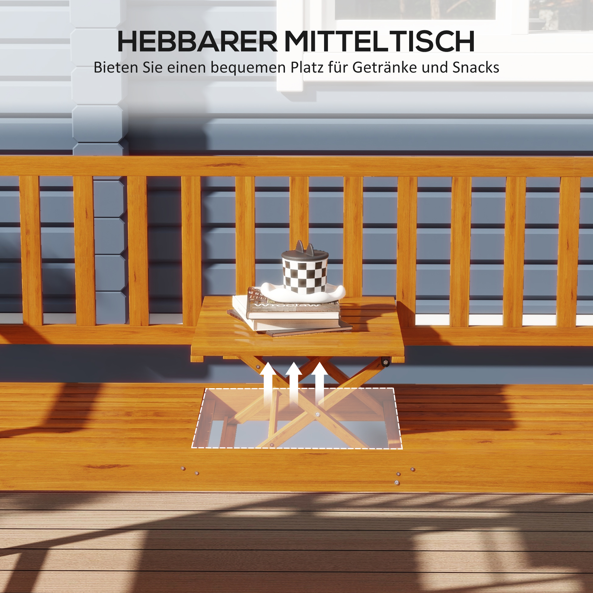 Gartenbank Holzbank Outdoor-Bank, ausklappbarer Tisch, wetterbeständig, Massivholz, 153 cm x 56 cm x 91 cm,  Hellbraun