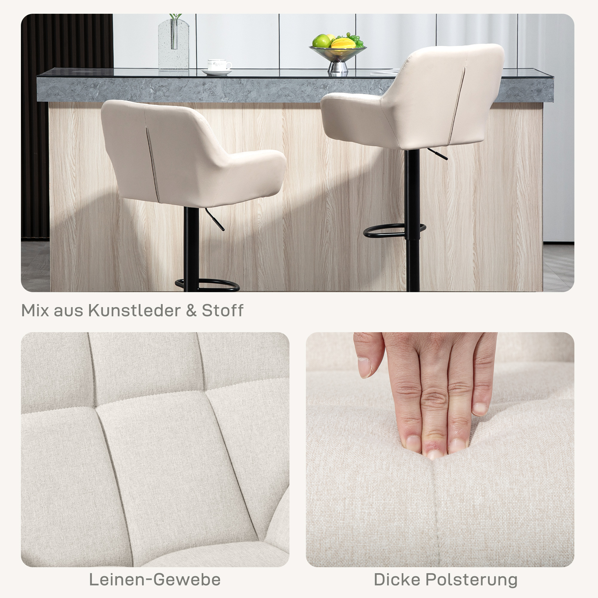 Barhocker 2er-Set Retro-Design höhenverstellbar Kunstleder Leinenoptik Creme + Schwarz