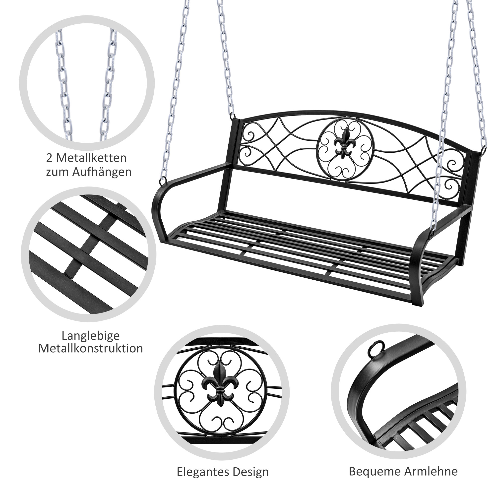 Hängebank 2-Sitzer Gartenschaukel Schaukelbank Hollywoodschaukel Schwebebank mit Ketten Metall Schwarz 132 x 63 x 58 cm