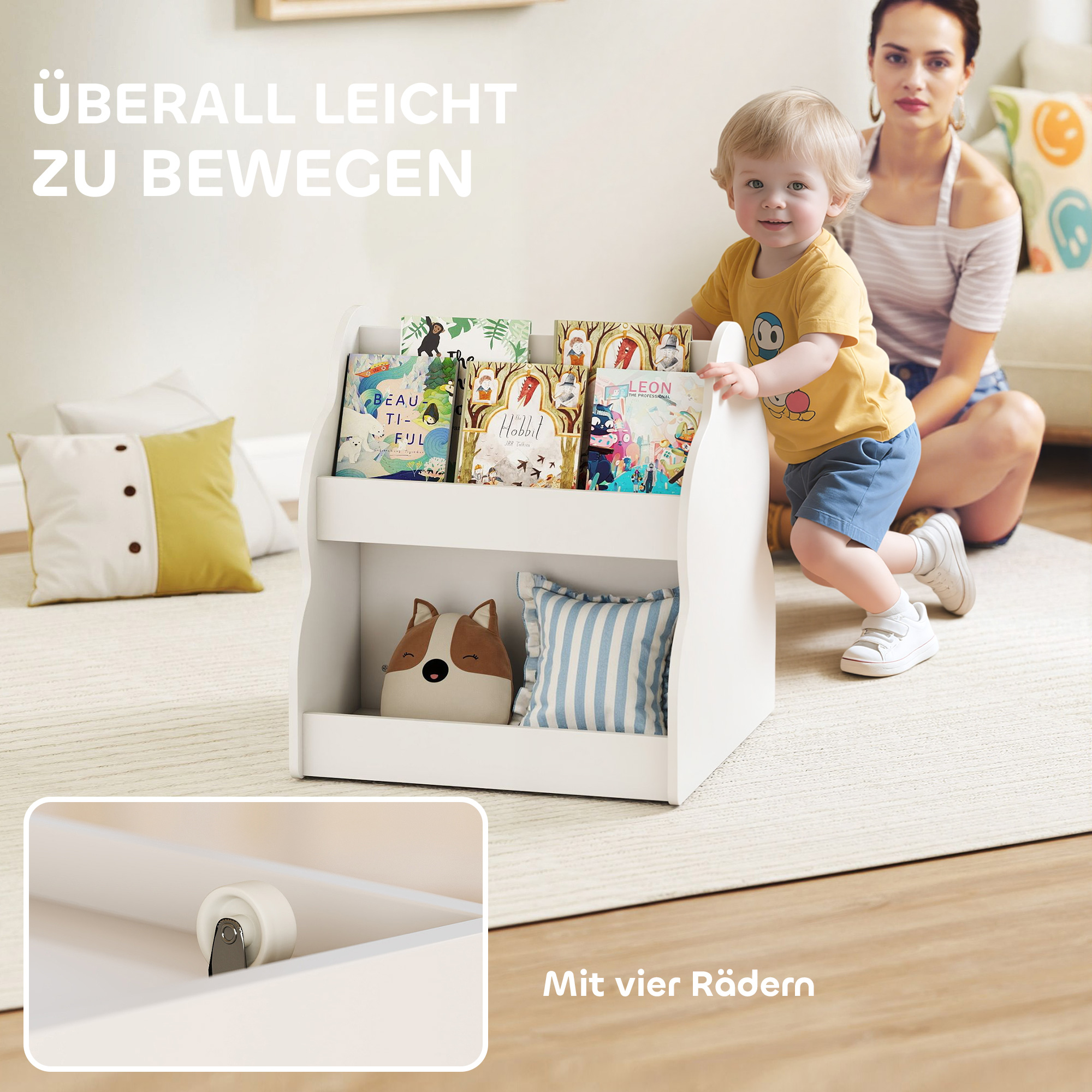 Kinderregal, 2-stöckiges Kinder-Bücherregal mit Rädern, 4 Regalen, für Kinderzimmer, Spielzimmer, 54x50x56 cm, Weiß