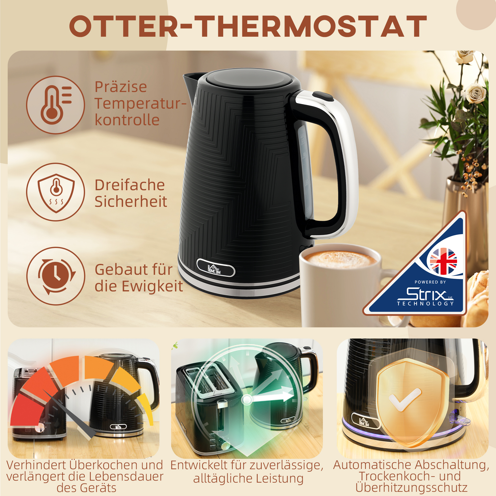 Wasserkocher- und Toaster-Set, 2200W, Otter-Thermostat, 2-Schlitz-Toaster, 7 Bräunungsstufen, Krümelfach, Schwarz