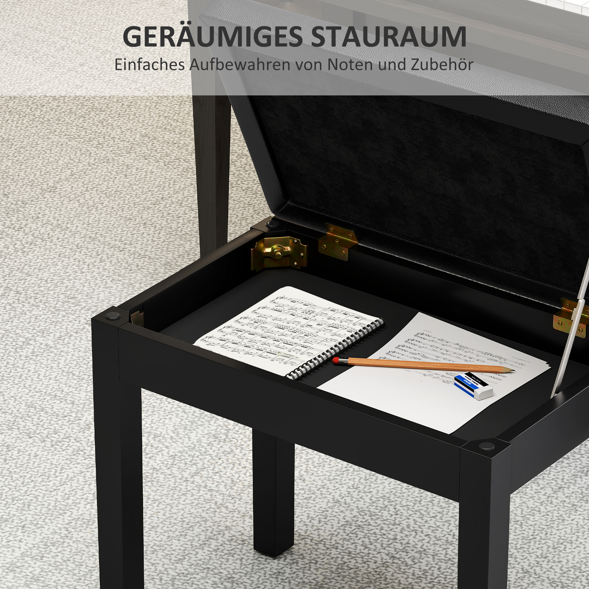 Klavierbank, Kunstlederbezug, gesteppte Knöpfe, Stauraum, Holzbeine, Schwarz