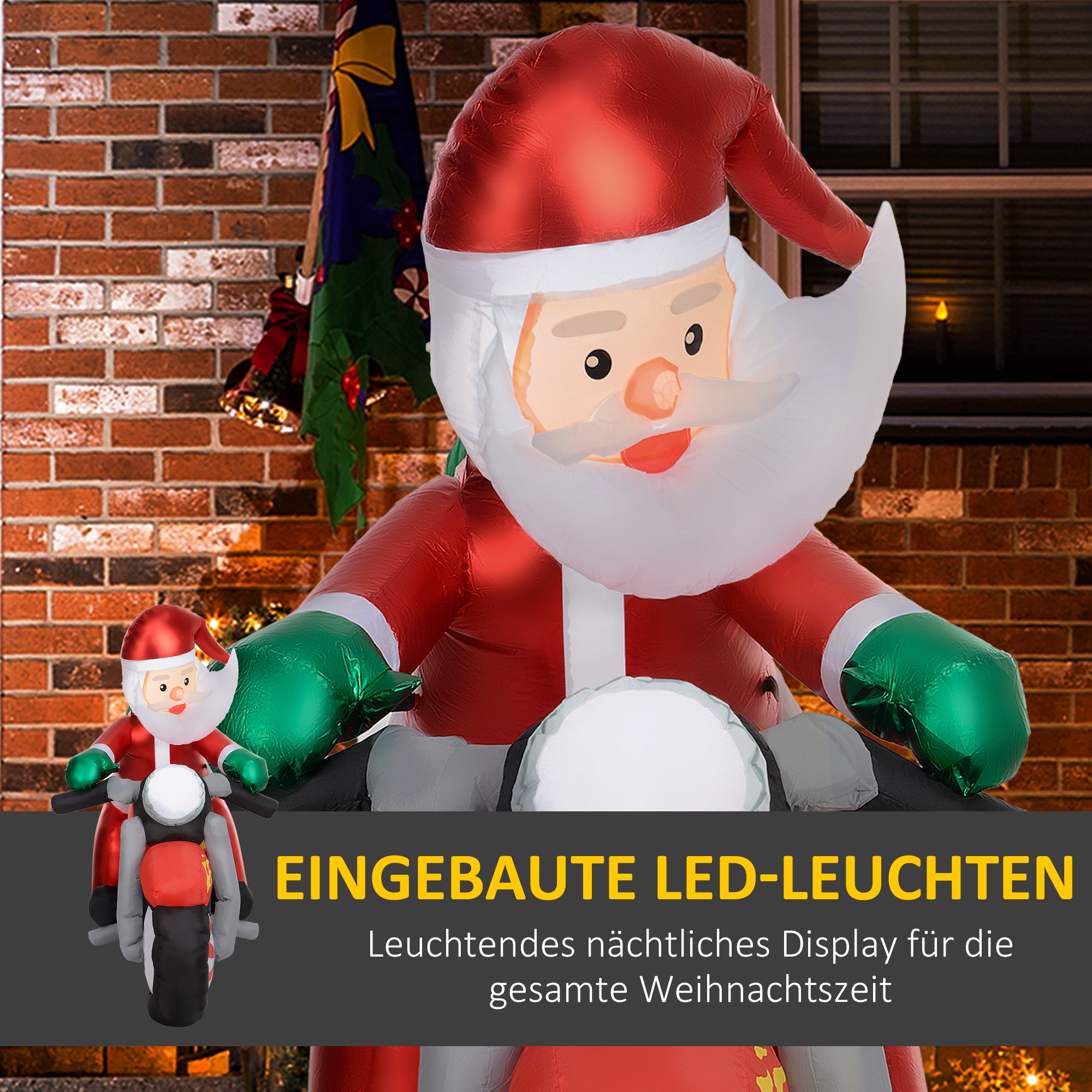 Weihnachtsmann auf Motorrad, Gartendeko, LEDs, aufblasbar, wetterfest, 180 x 95 x 170 cm