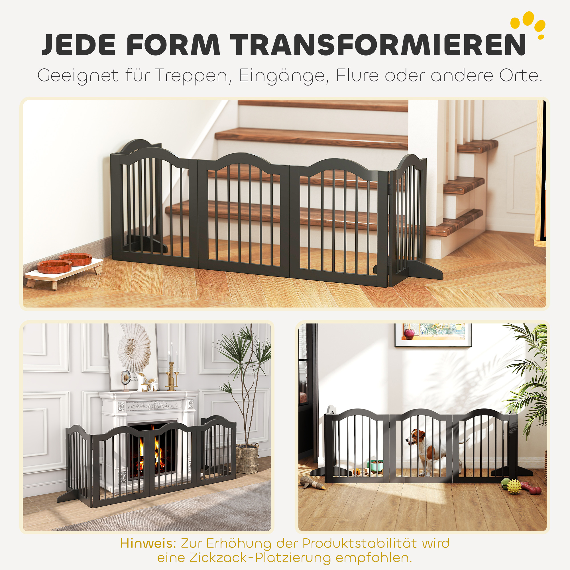 Absperrgitter Hund Freistehendes Schutzgitter mit Füßen, Klappbar Hundegitter, 5 Paneelen, 261,5 x 29,5 x 61 cm, Schwarz