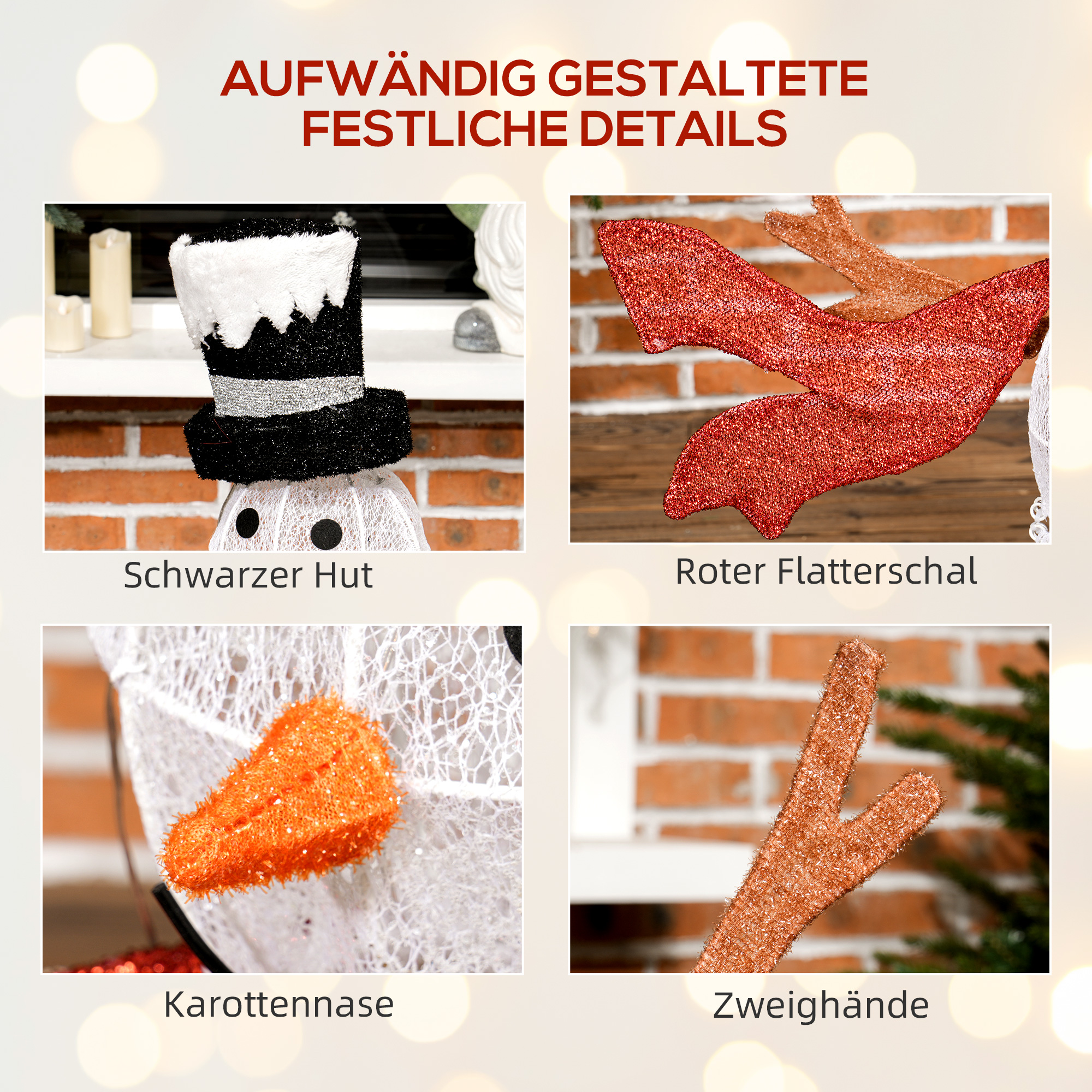 78er LED Weihnachtsdeko, Weihnachten Schneemann in warmweiß, Stahlrahmen, für Indoor, Outdoor, Mehrfarbig