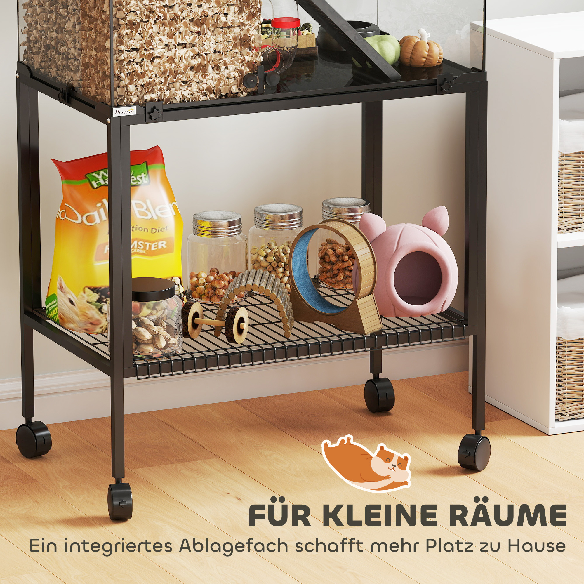 Hamsterkäfig, Kleintiergehege mit 3 Ebenen, Laufrad, Hütte, Plattformen, Rampen, Futterschale, Wasserflasche, Zubehör, Stahl, Kunststoff, Schwarz