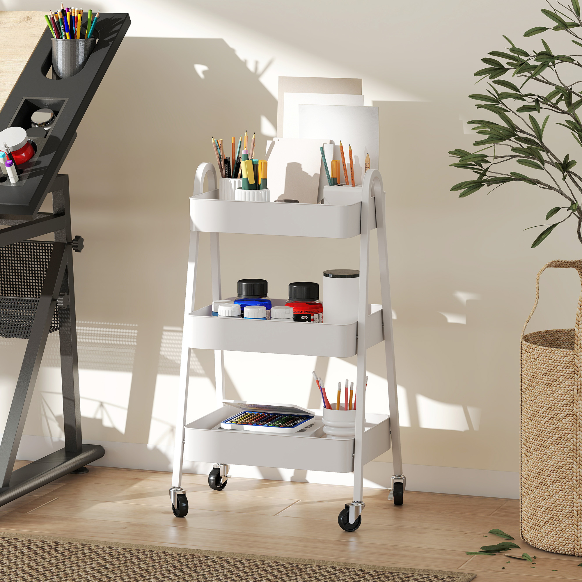 Servierwagen mit 3 Ebenen Küchenwagen mit Rollen Griff Rollwagen mit Bremse für Küche Büro Badezimmer, Weiß