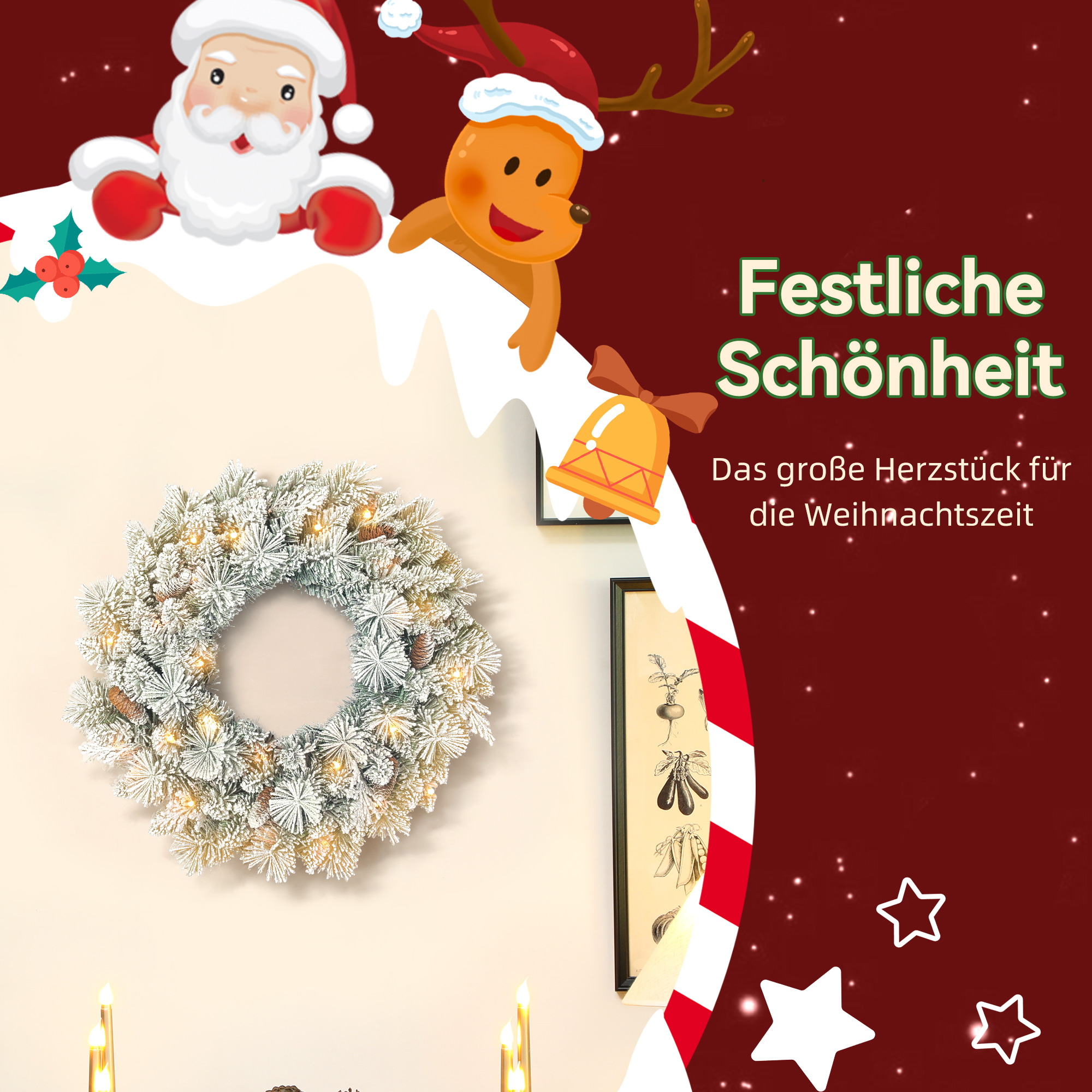 Tannenkranz Weihnachtskranz mit LED-Lichterkette, Tannenzapfen, Türkranz Grün+Weiß, Ø60 x 8 cm