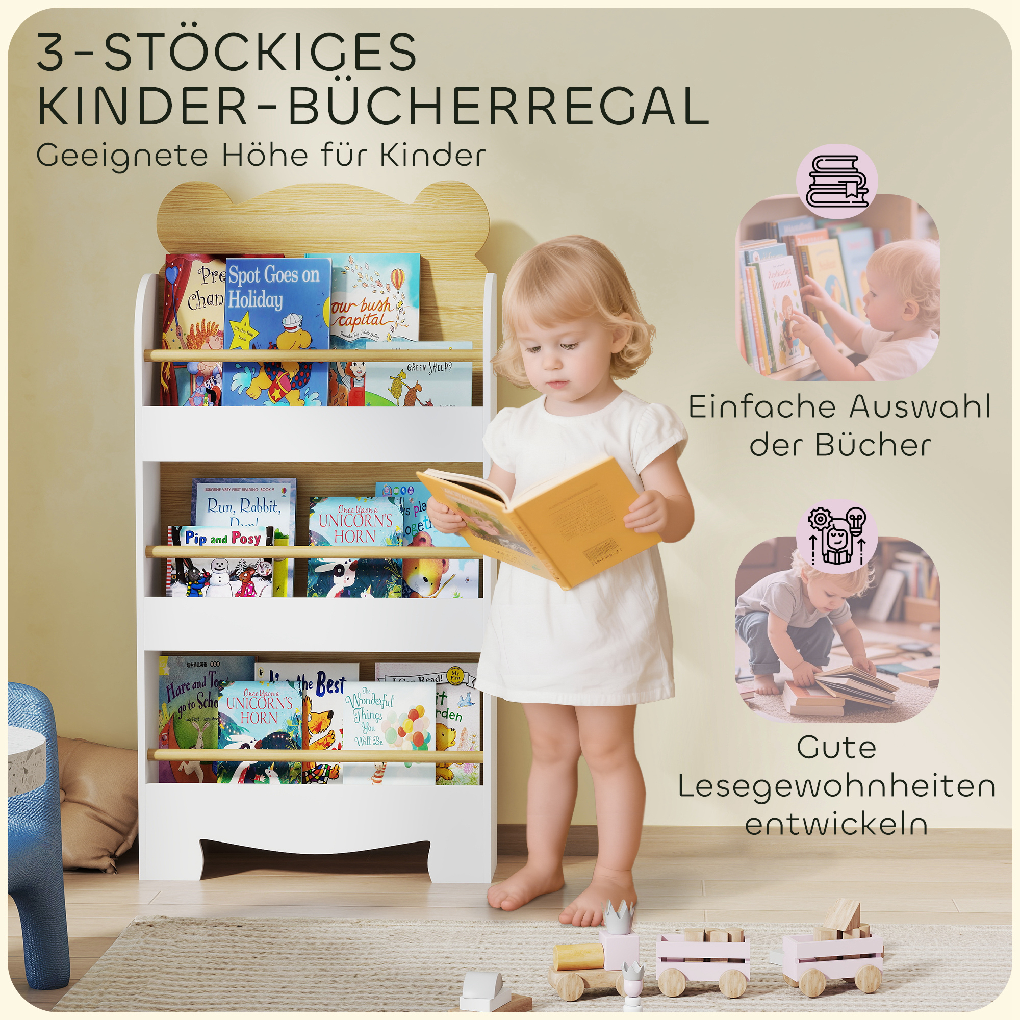 Bücherregal für Kinder Kinderregal mit 3 Ablagen Aufbewahrungsregal aus Holz 55x15x110cm Weiß