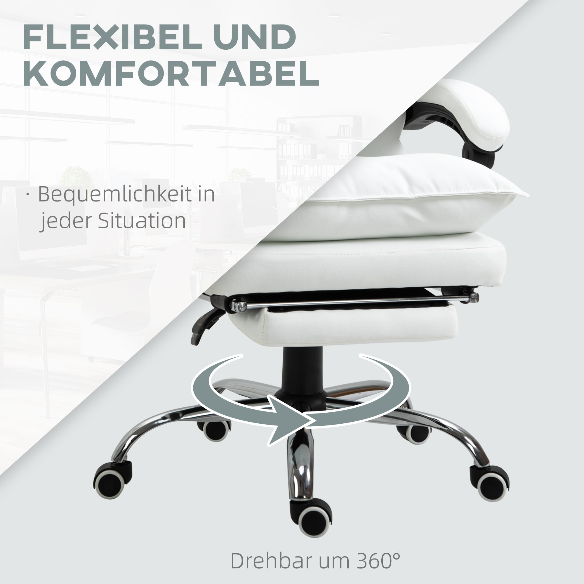 Bürostuhl mit Liegefunktion, ergonomisch höhenverstellbar  mit Fußstütze, gepolstert, bis 135 kg belastbar, 66 x 72 x 122-130 cm, Weiß
