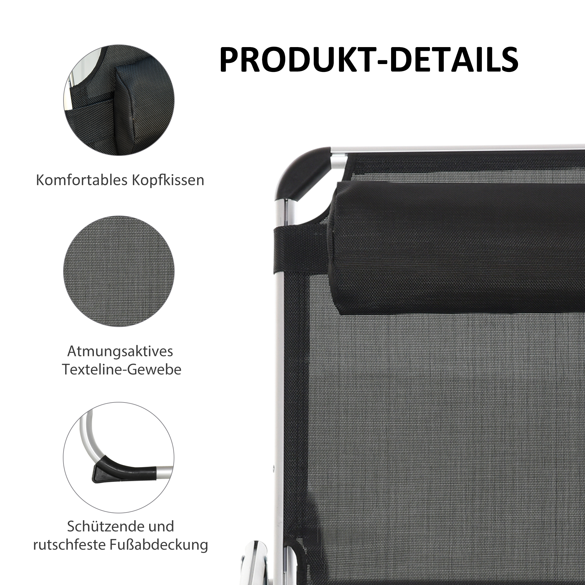 Sonnenliege faltbar Gartenliege mit Kopfkissen Liegestuhl mit der 4-stufig verstellbaren Rückenlehne Campingliege bis 120 kg belastbar für Outdoor-Park, Garten, Schwarz