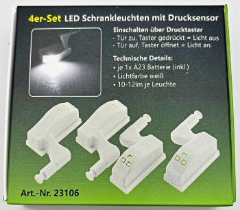 LED Schrankleuchte, 4er-Set - Batteriebetrieb, Drucksensor für Türen