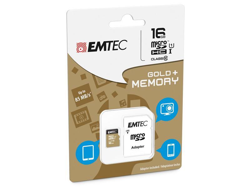 MicroSDHC 16GB EMTEC +Adapter CL10 EliteGold UHS-I 85MB/s Blister