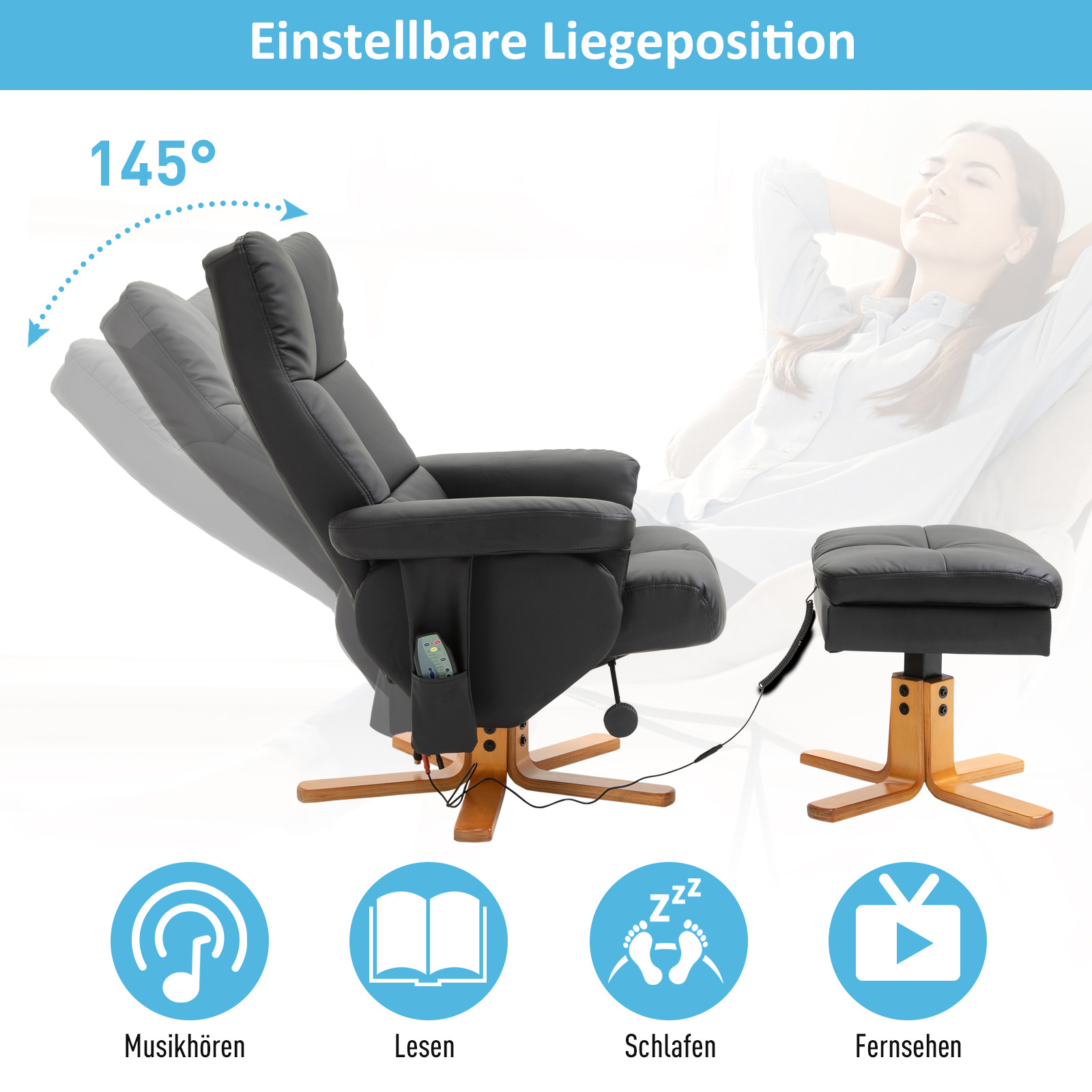 Massagesessel mit Hocker, 145° Neigbarer Relaxsessel mit Massagefunktion Liegefunktion Stauraum, TV-Sessel Fernsehsessel für Wohnzimmer, Kunstleder, 80 x 86 x 99 cm Schwarz