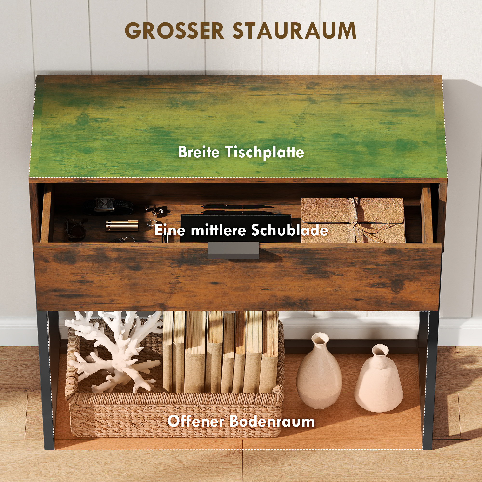 Konsolentisch Flurtisch mit Schublade, Industrie-Design, Flur Wohnzimmer, 80x30x76 cm, Schwarz