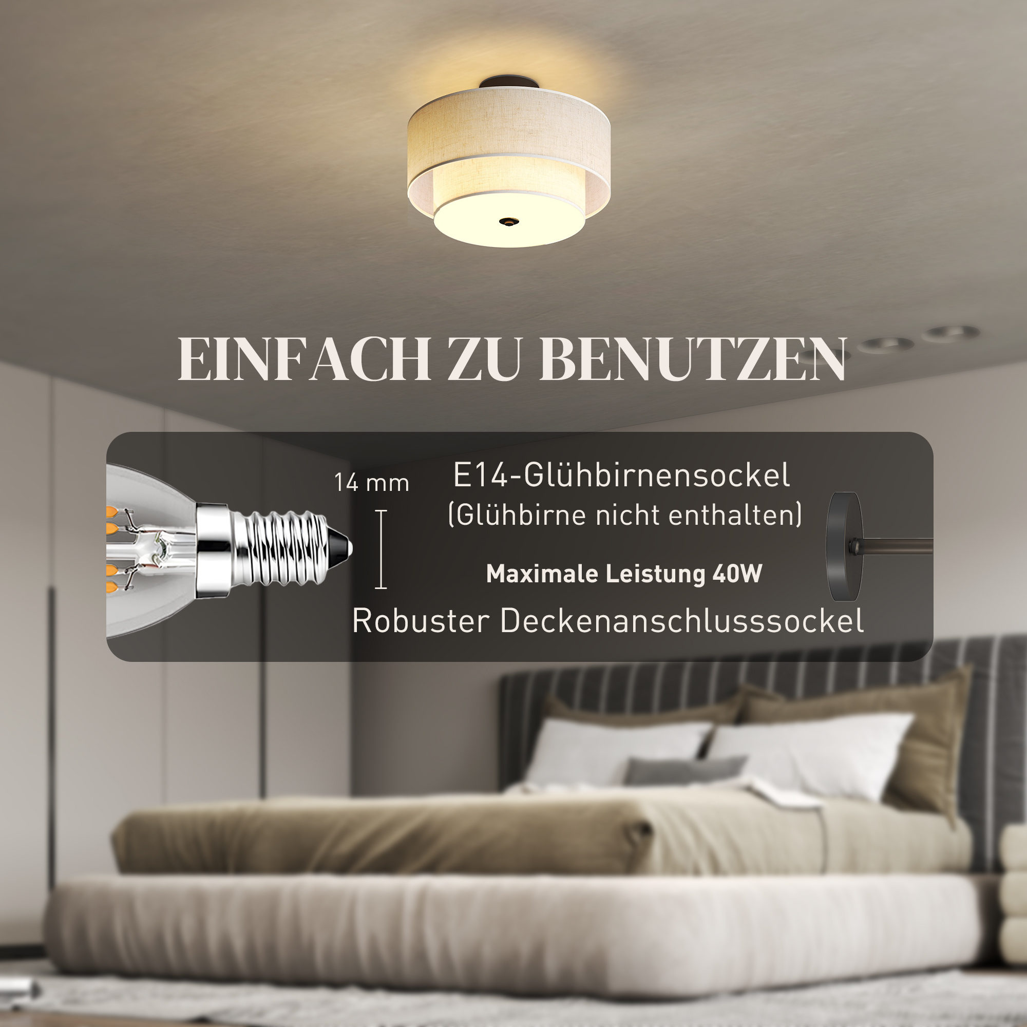 Deckenlampe, Hängeleuchte mit doppelten Schirmen in Leinenoptik, Cremeweiß