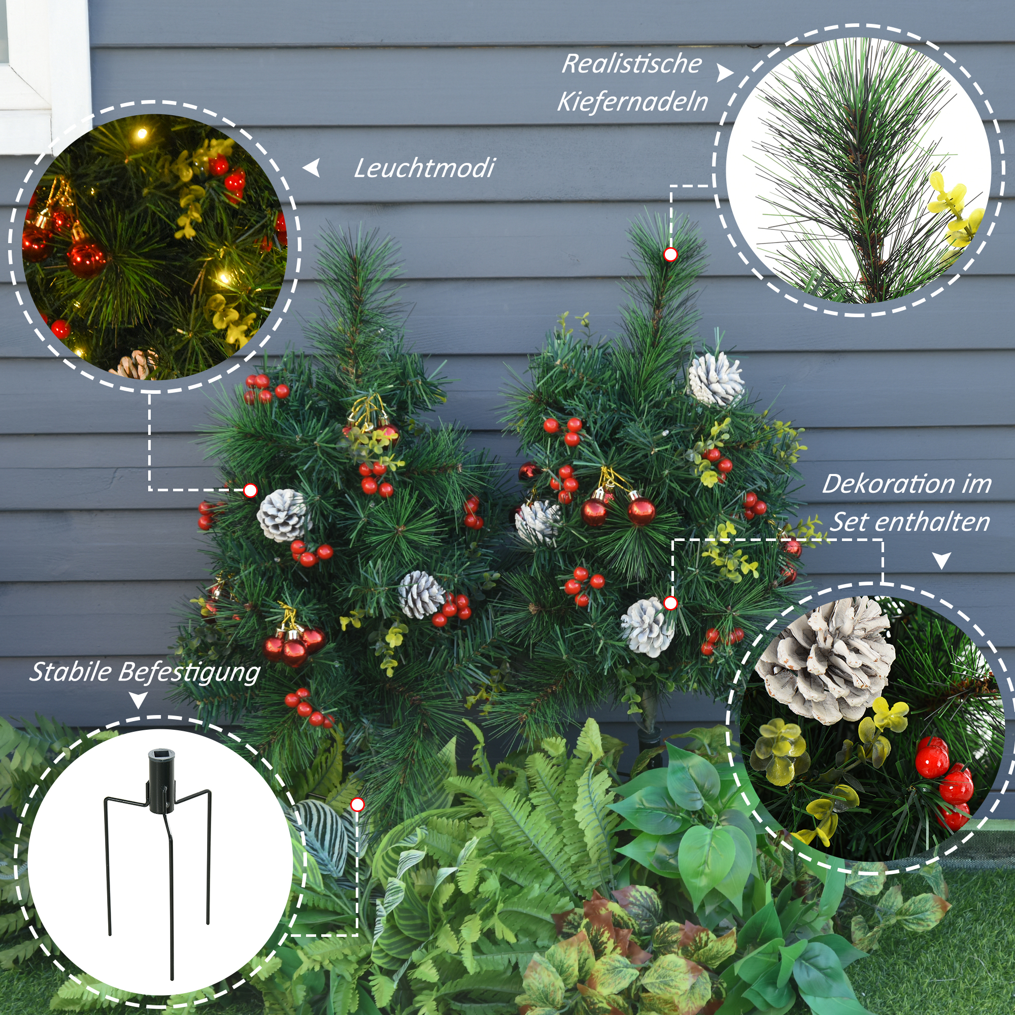 2-er Set Weihnachtsbäume, Künstlicher Mini-Christbaum mit LED-Lichtern, Kunststoff, Metall, Ø33 x 75 cm, Grün