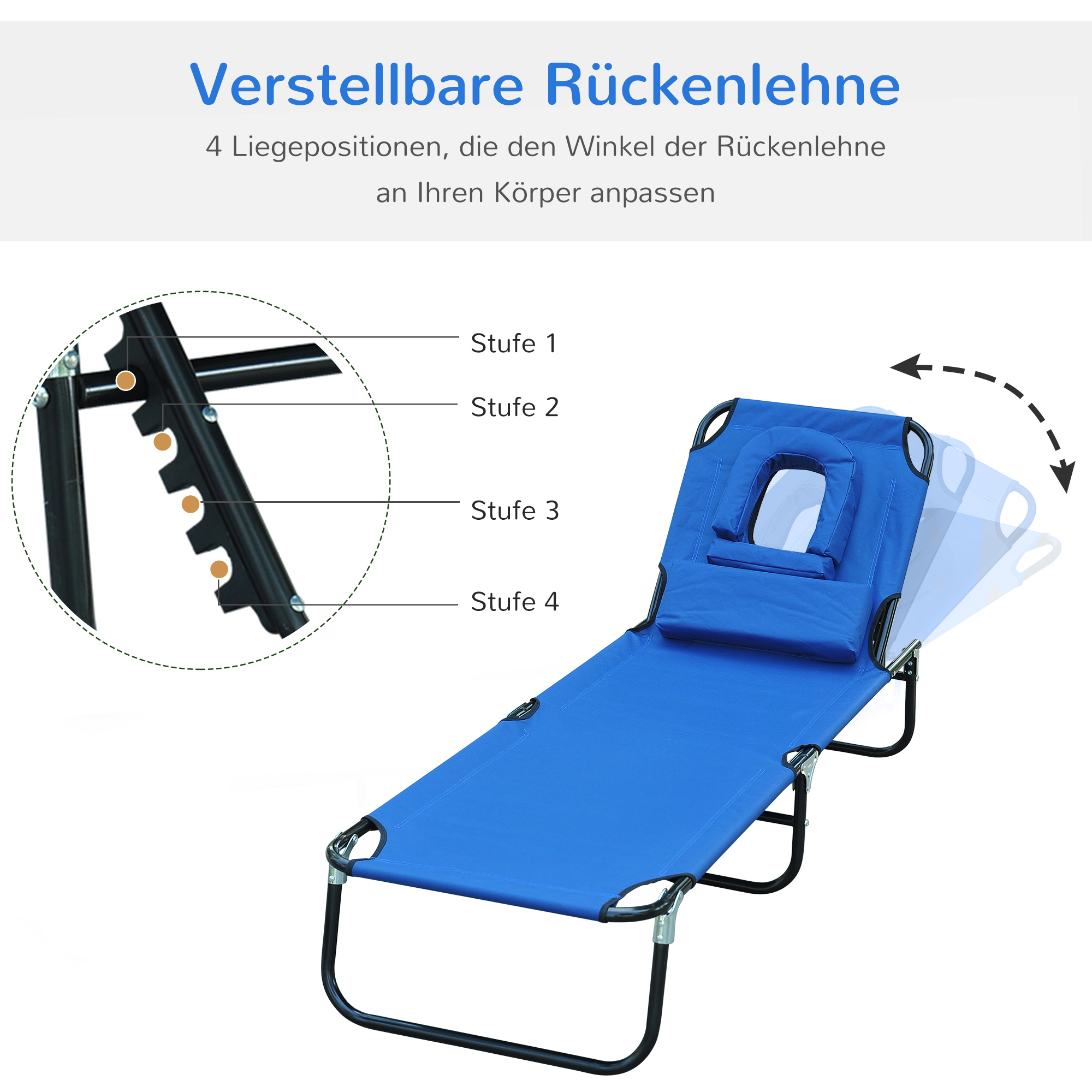 Sonnenliege klappbar Gartenliege mit Kopfkissen Liegestuhl mit 4-Fach verstellbare Rückenlehne Campingliege mit Lesefenster Gartenstuhl bis 120kg belastbar für Garten, Balkon geeignet Blau