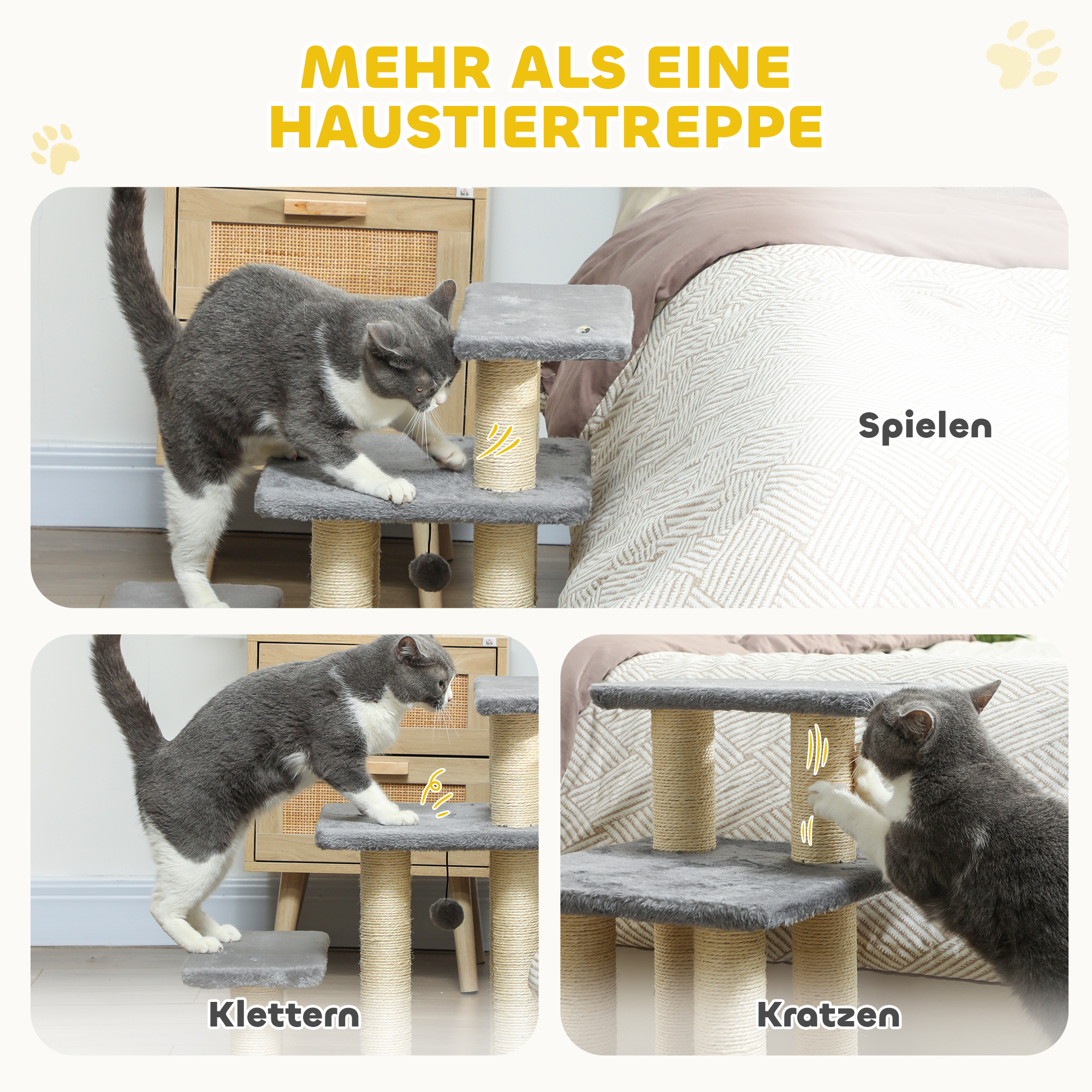 Hundetreppe 3 Stufen 54 cm Hoch Haustiertreppe für Kleine Hunde Katzentreppe mit Sisal Kratzbäumen, Spielball