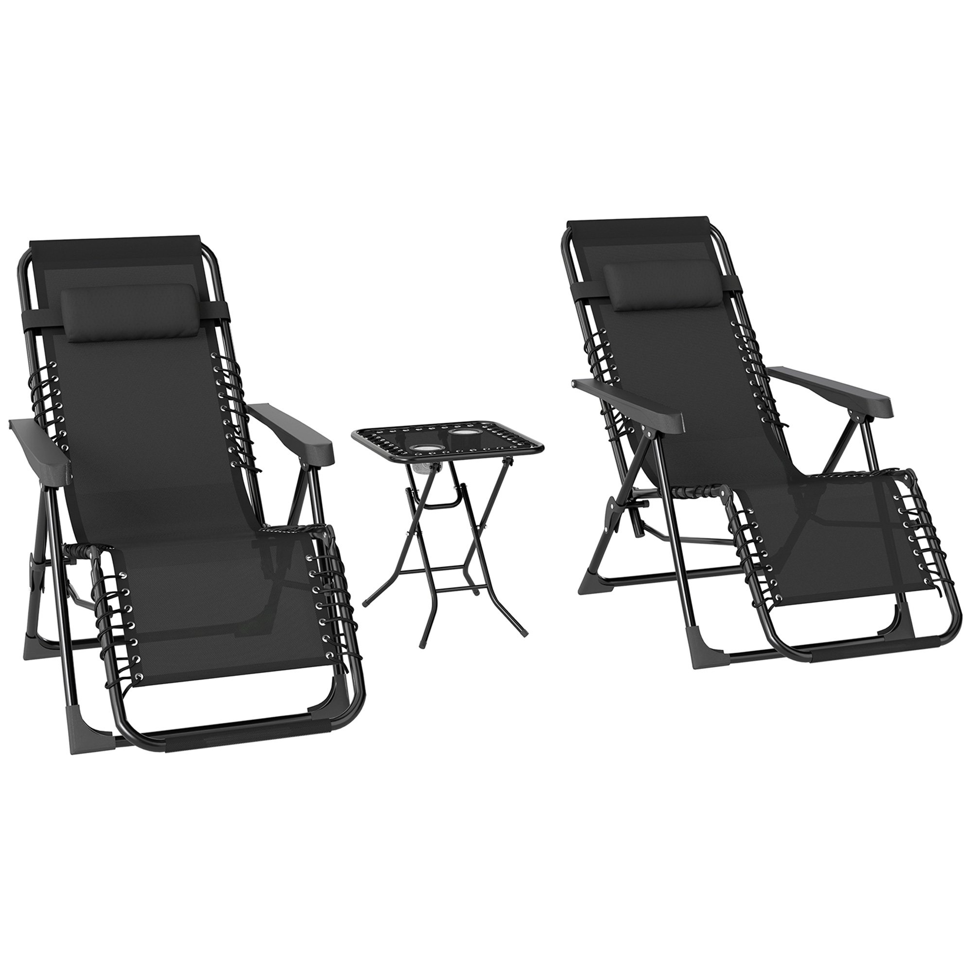 Gartenliege Set 3-TLG. Sonnenliege mit Teetisch 2 Liegestühle Kissen, Outdoor Liege 90x56x110 cm Schwarz
