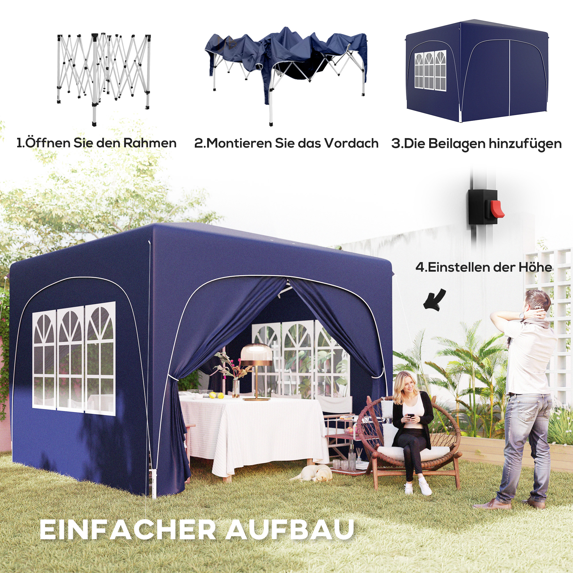 3 x 3 m Pavillon, Pop-up Gartenzelt mit Seitenwänden und Tragetasche, UPF50+, höhenverstellbar, Sand