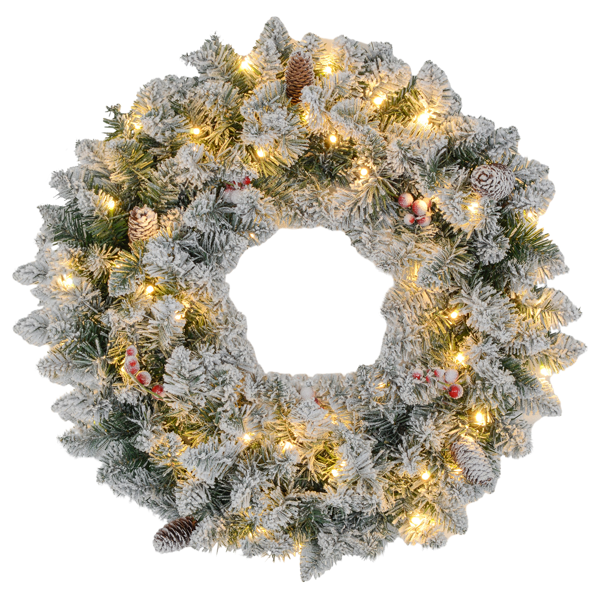 Weihnachtskranz mit LED-Beleuchtung, roten Beeren, realistisches Aussehen, Ø60 x 10 cm, Grün